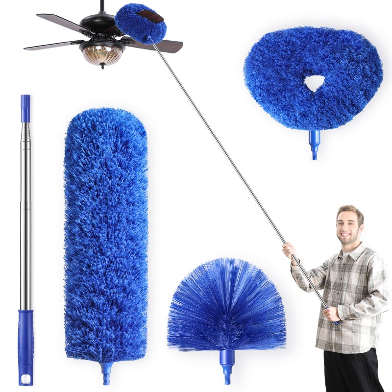 Microfiber Duster for High Ceiling Fan Blades Cobweb with Extension Pole Adjusts 1582 Inch Reusable Cleaning Duster Kit with 3 Duster Heads for Wall Blinds Door Furniture Bookshelves Blue